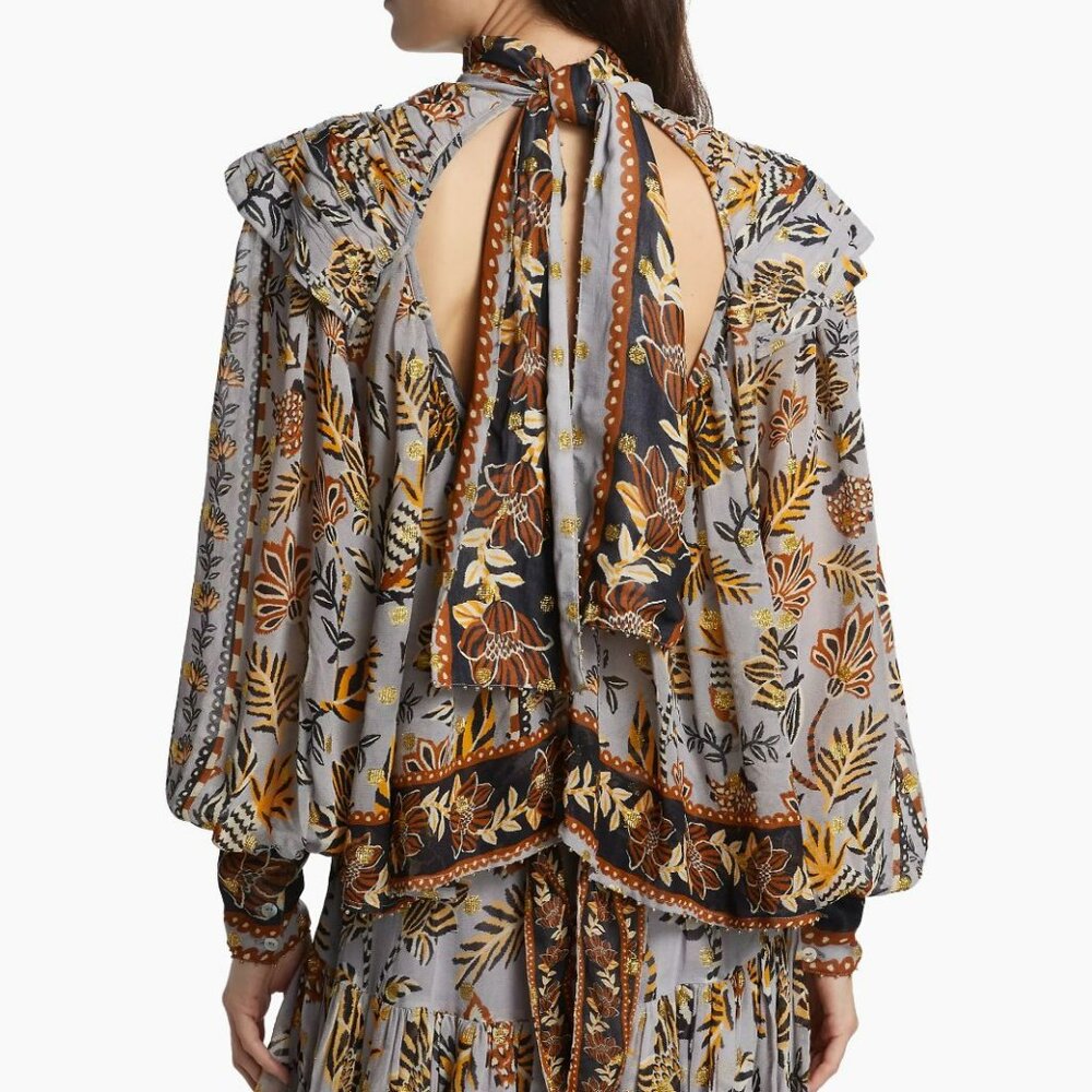 Farm Rio  Floral Tapestry Embroidered Bishop-Sleeve Blouse - Picture 2 of 10